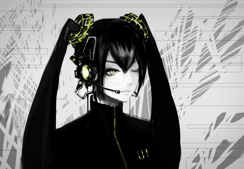 Anime Character with Headphones — Black, Dramatic, Digital Art, Microphone