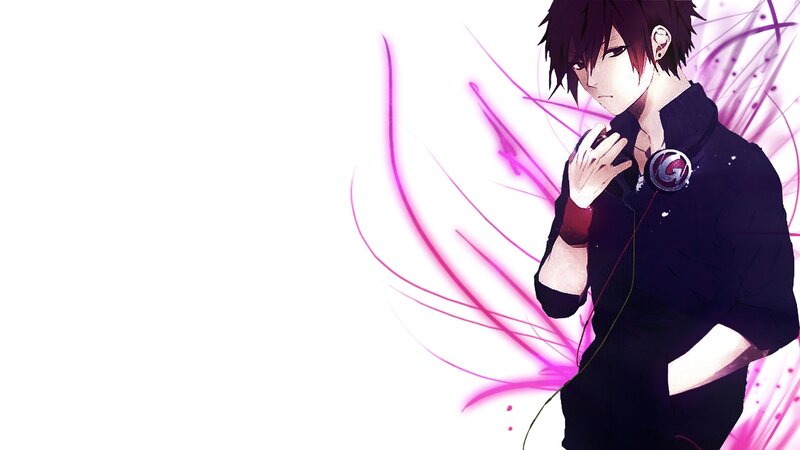 Anime Character with Headphones — Black, Dramatic, Digital Art, Purple Lines