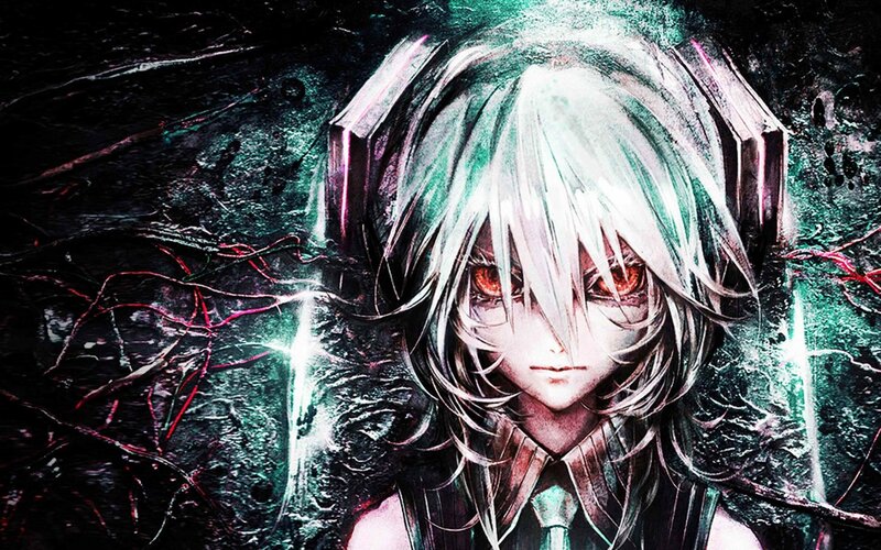 Anime Character with Headphones — Black, Dramatic, Digital Art, Red Eyes