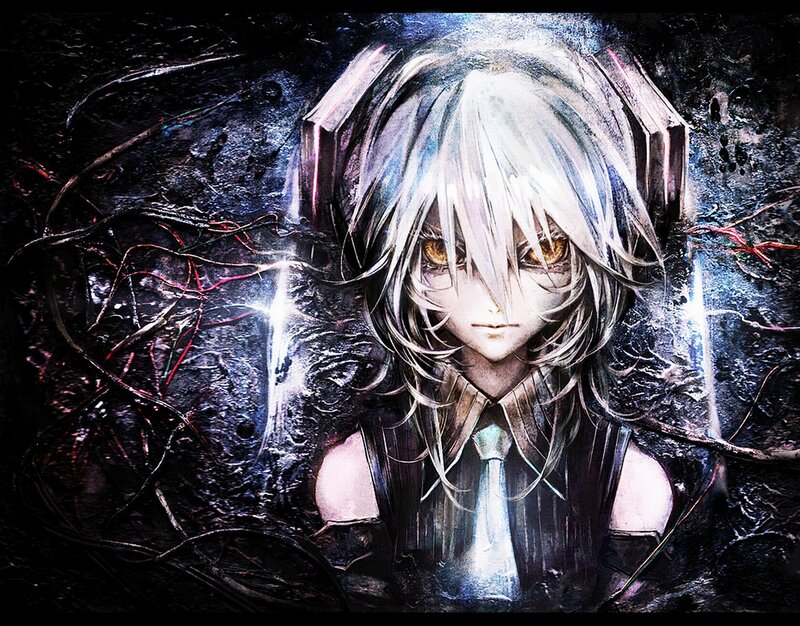 Anime Character with Headphones — Black, Dramatic, Digital Art