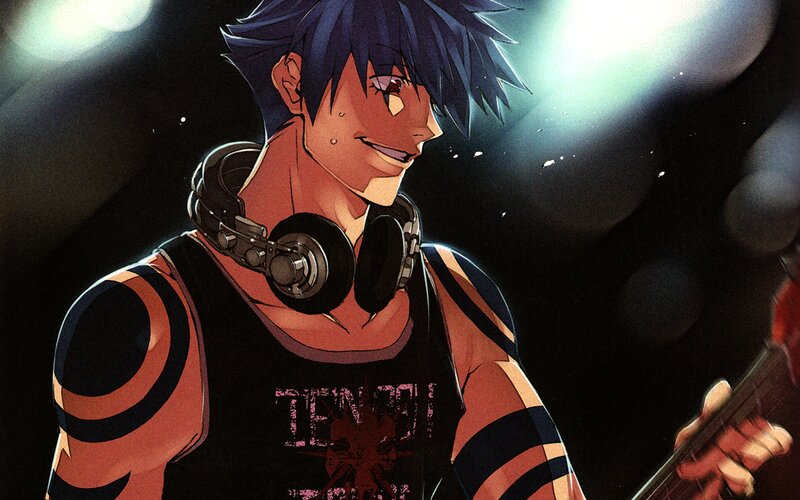 Anime Character with Headphones — Black, Dramatic, Night, Guitar
