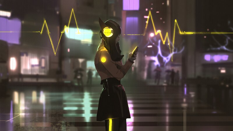Anime Character with Headphones — Black, Moody, Futuristic