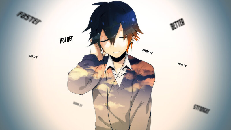 Anime Character with Headphones — Blue, Contemplative