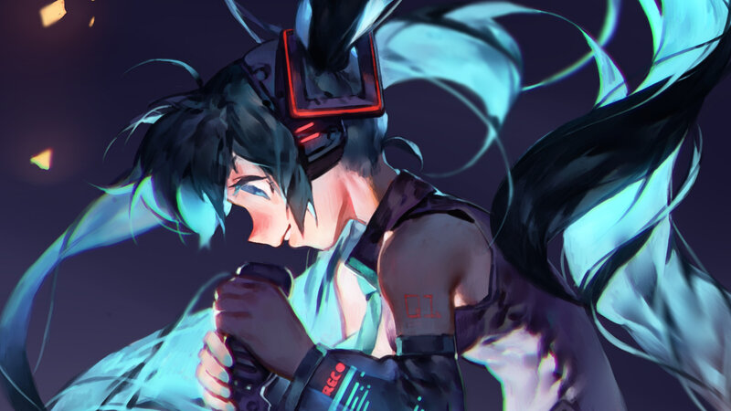 Anime Character with Headphones — Blue, Dramatic, Night, Digital Art, Microphone