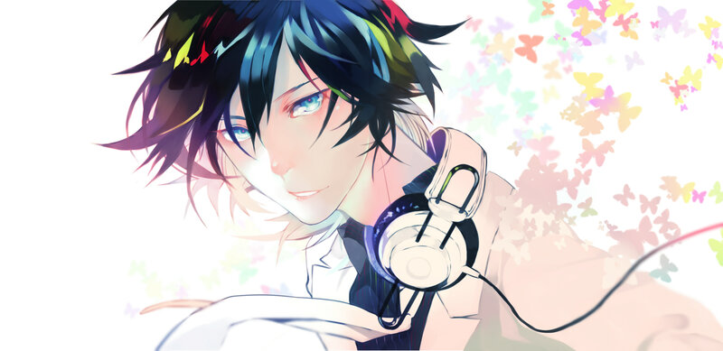 Anime Character with Headphones — Blue, Dreamy, Digital Art, Butterflies