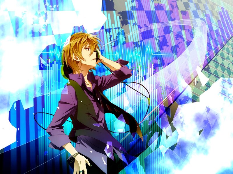 Anime Character with Headphones — Blue, Dynamic, Sound Waves