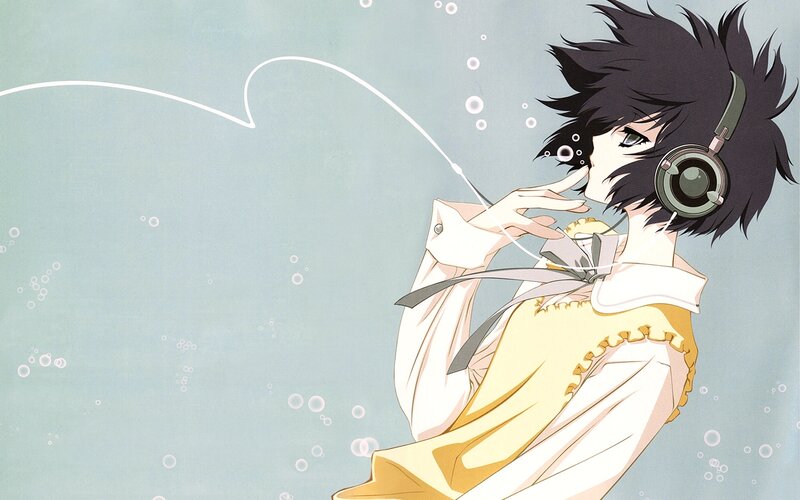 Anime Character with Headphones — Blue, Serene, Bubbles