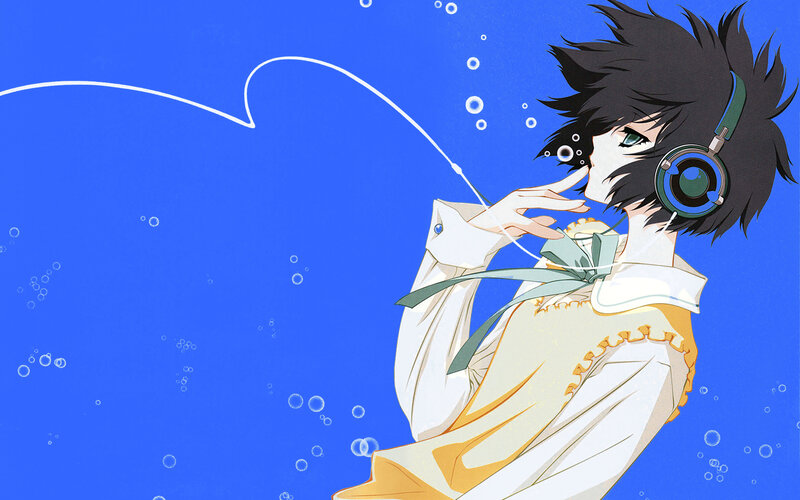 Anime Character with Headphones — Blue, Serene, Bubbles, White Dress