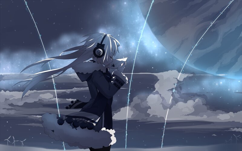Anime Character with Headphones — Blue, Serene, Night