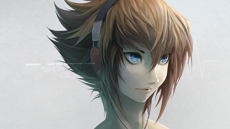 Anime Character with Headphones — Brown, Calm, Digital Art, Blue Eyes