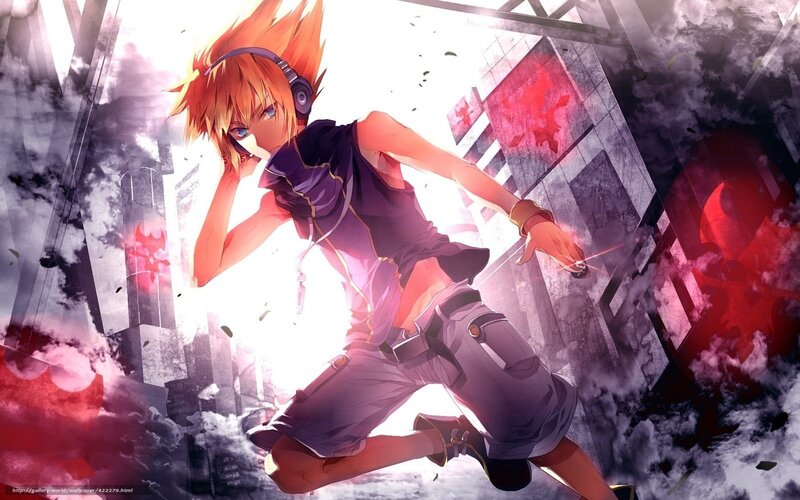 Anime Character with Headphones — Orange, Dramatic, Cityscape