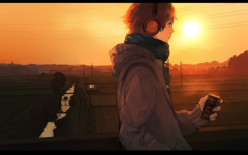 Anime Character with Headphones — Orange, Serene, Sunset