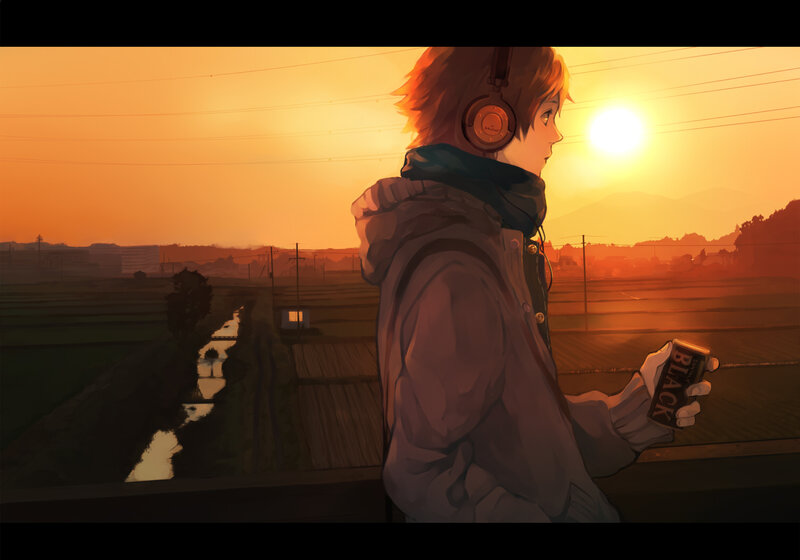 Anime Character with Headphones — Orange, Serene