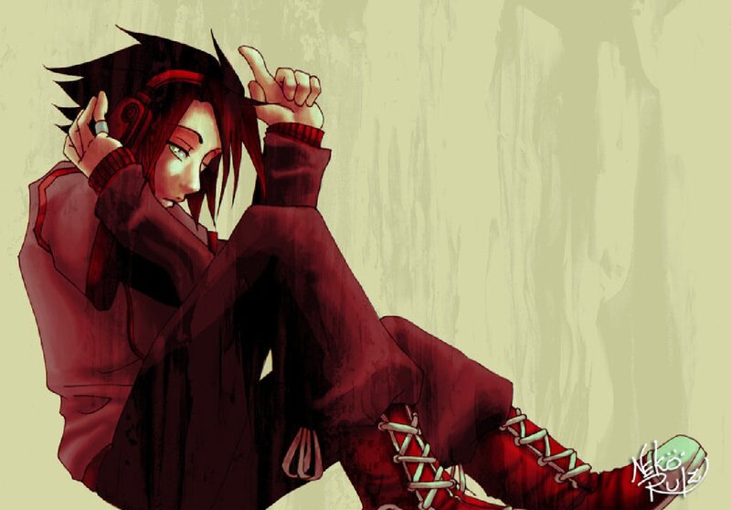 Anime Character with Headphones — Red, Contemplative