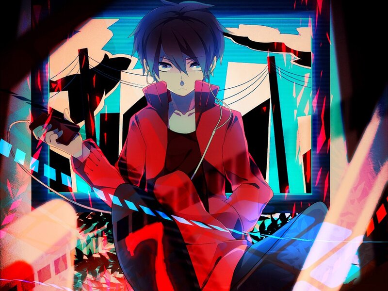 Anime Character with Headphones — Red, Dramatic, Night