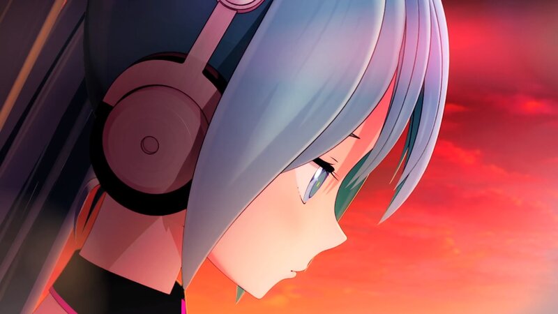 Anime Character with Headphones — Red, Dramatic, Sunset