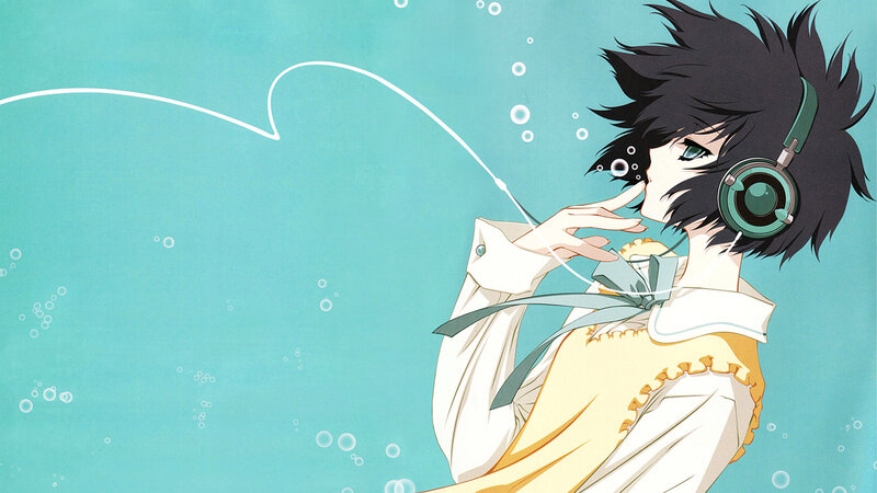 Anime Character with Headphones — Teal, Serene, Bubbles