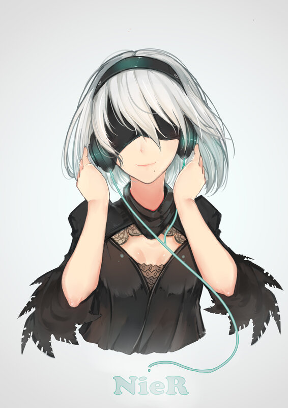 Anime Character with Headphones — White, Calm, Digital Art, Silver Hair