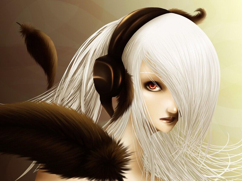 Anime Character with Headphones — White, Dramatic, Digital Art