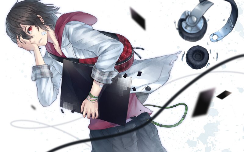 Anime Character with Headphones — White, Dramatic, Laptop