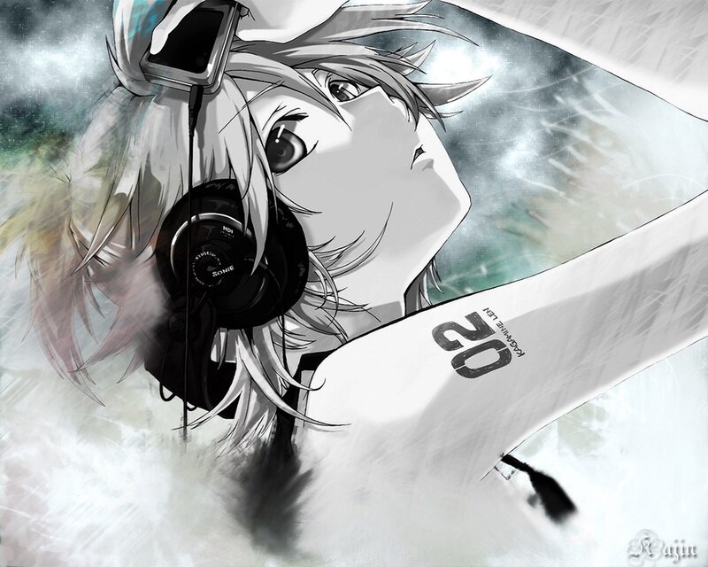 Anime Character with Headphones — White, Dramatic