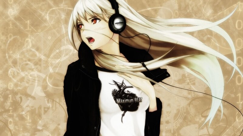 Anime Character with Headphones — White, Dynamic, Long Hair