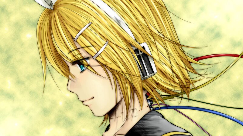 Anime Character with Headphones — Yellow, Calm, Wires, Blue Eyes