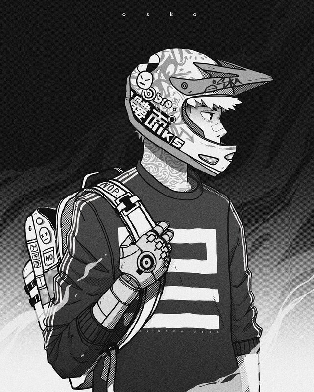 Anime Character with Helmet — Black, Dramatic, Manga, Backpack