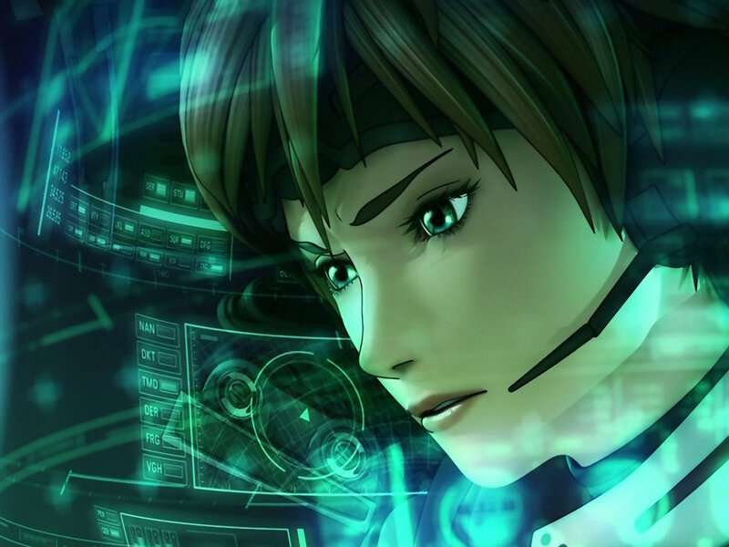 anime character with holographic interface