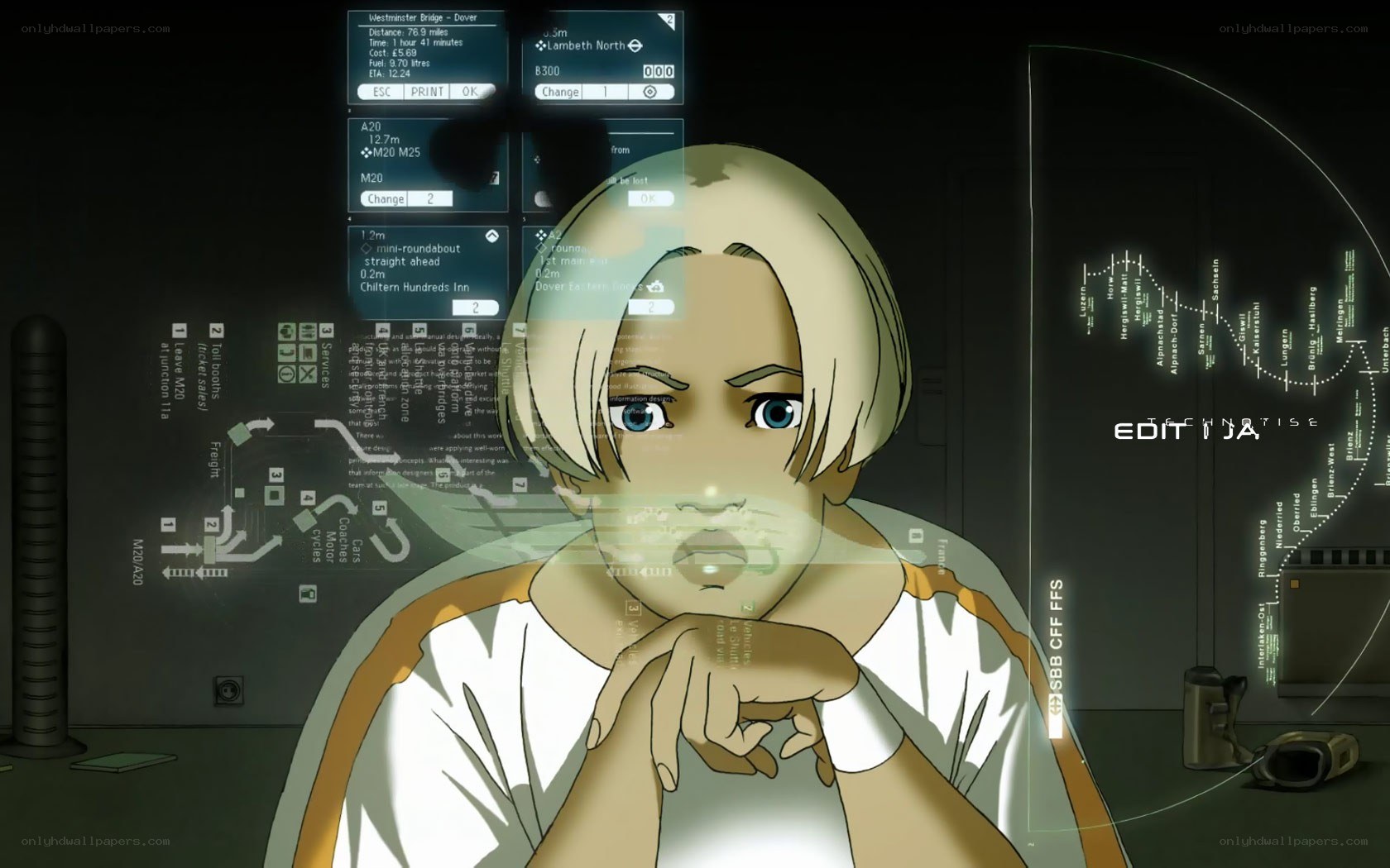 anime character with holographic interface