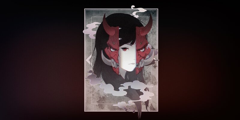 Anime Character with Horns — Black, Dramatic, Digital Art, Mask, Clouds