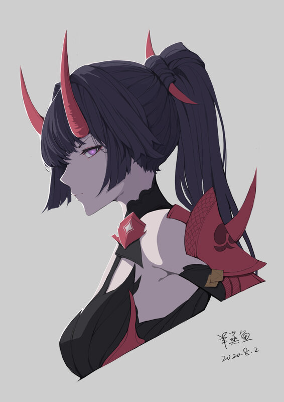 Anime Character with Horns — Black, Dramatic, Digital Art, Ponytail