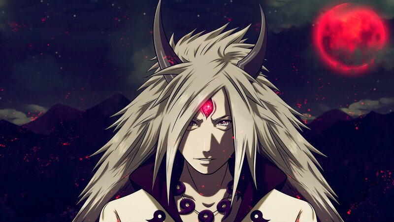 Anime Character with Horns — Black, Dramatic, Night, Red Moon