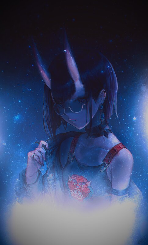 Anime Character with Horns — Blue, Dramatic, Night