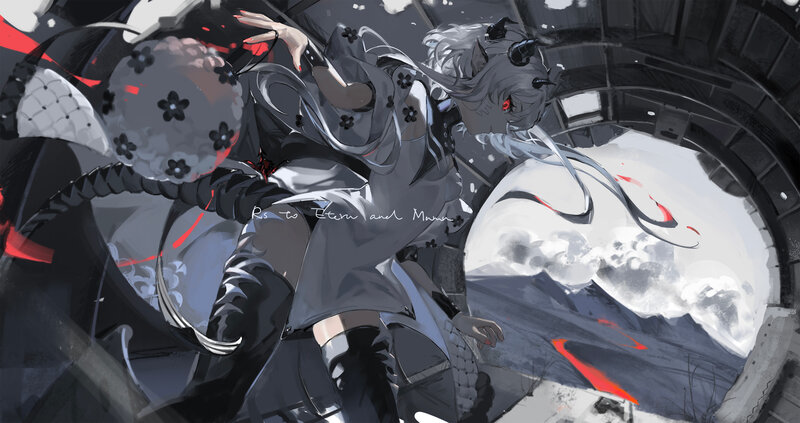 Anime Character with Horns — Gray, Dramatic, Digital Art, Weapon