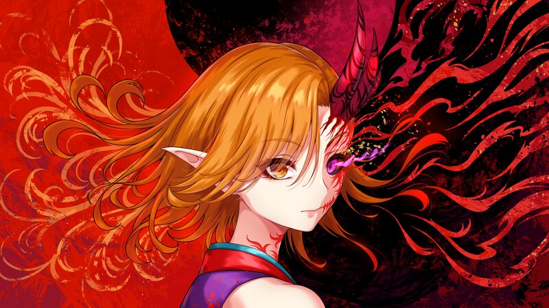 Anime Character with Horns — Red, Dramatic, Digital Art, Elf Ears