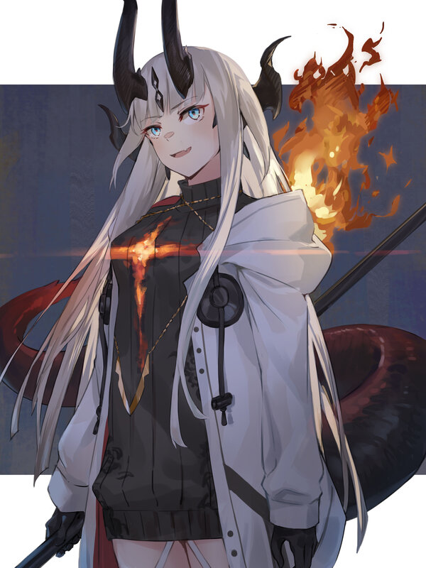 Anime Character with Horns — White, Dramatic, Digital Art, Fire
