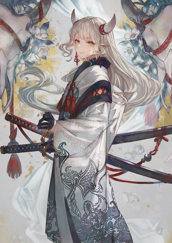 Anime Character with Horns — White, Dramatic, Digital Art, Swords