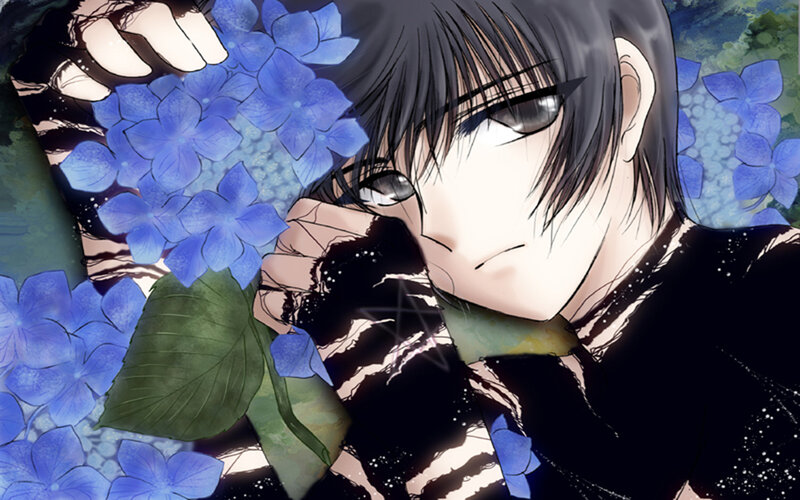Anime Character with Hydrangeas — Blue
