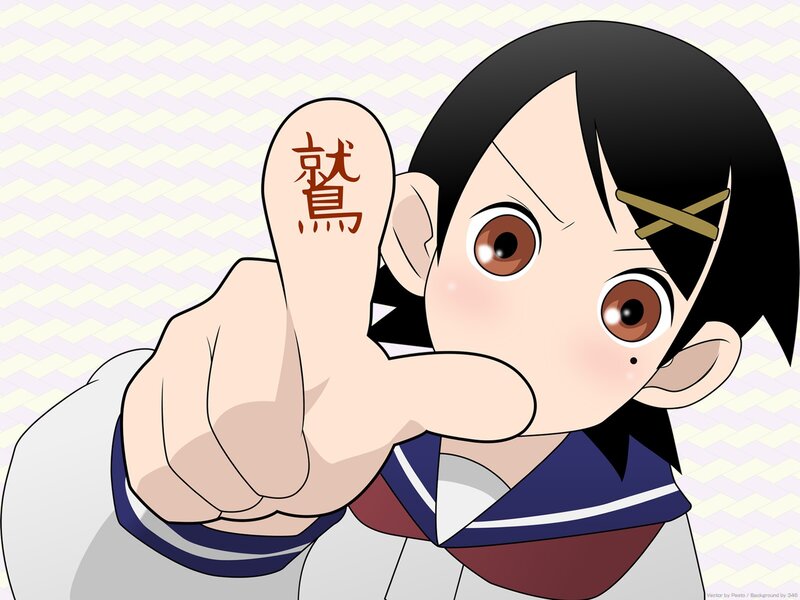 anime character with kanji on finger