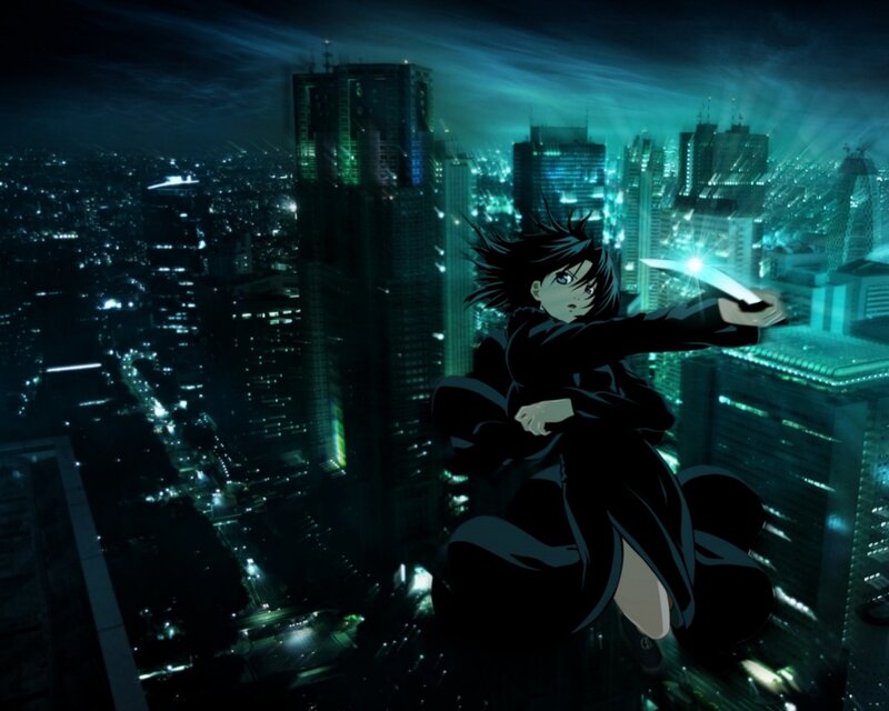 anime character with knife at night