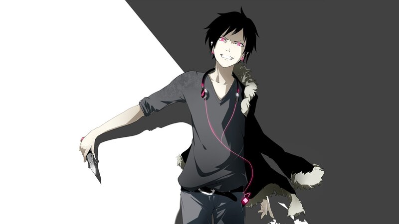 Anime Character with Knife — Black, Dramatic, Headphones, Fur Coat