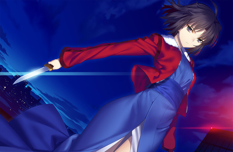 Anime Character with Knife — Blue, Dramatic, Night, Cityscape
