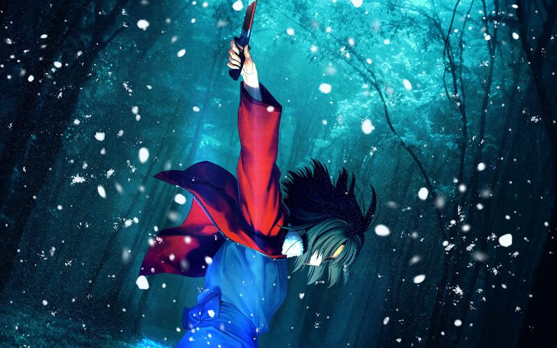 Anime Character with Knife — Blue, Dramatic, Night, Snow