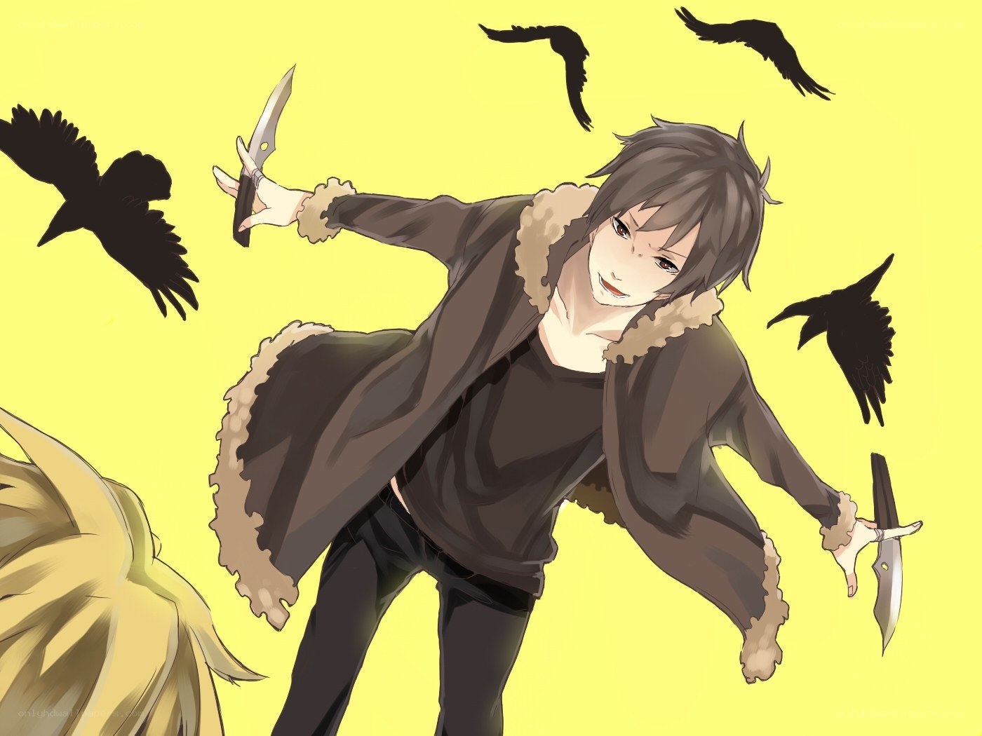 Anime character with knives and crows