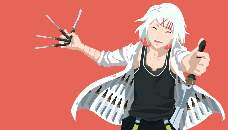 Anime Character with Knives — Red, Aggressive, White Hair