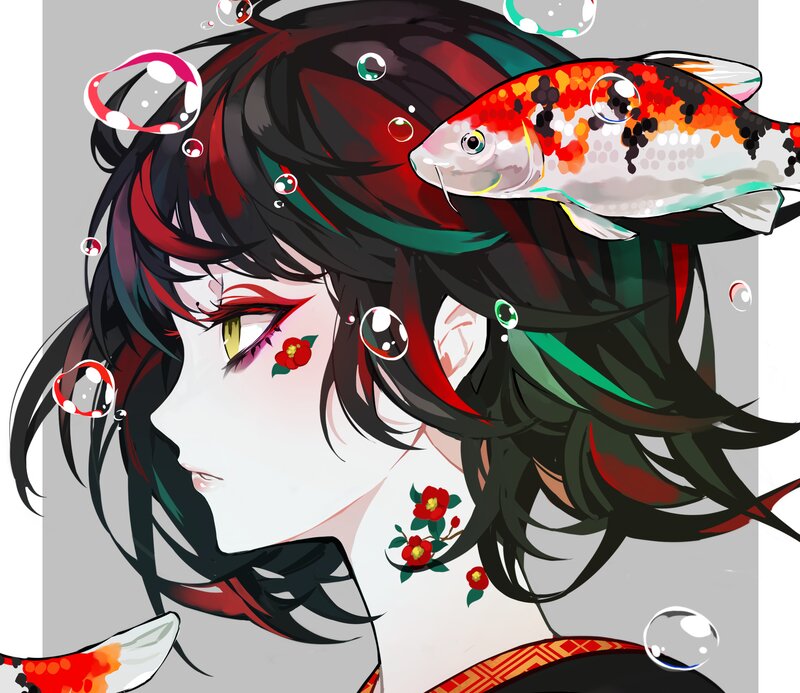Anime Character with Koi Fish — Black