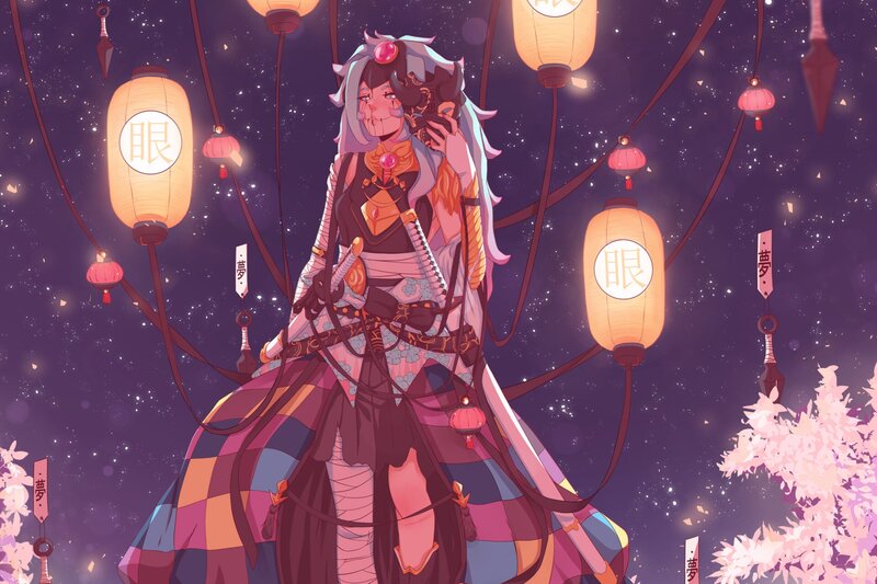 Anime Character with Lanterns — Purple