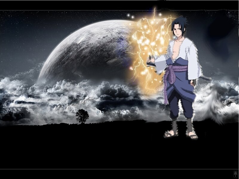 Anime Character with Lightning — Black, Dramatic, Night, Digital Art, Planet