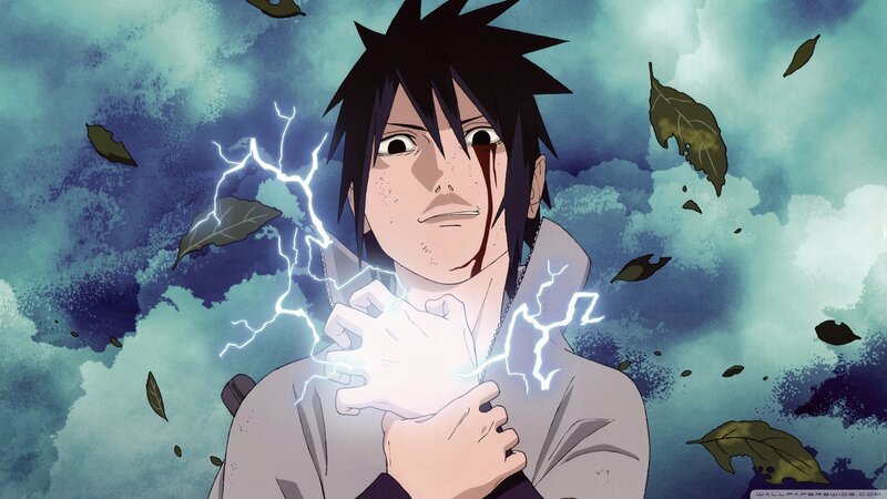 Anime Character with Lightning — Blue, Dramatic, Leaves